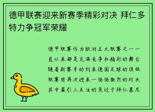 德甲联赛迎来新赛季精彩对决 拜仁多特力争冠军荣耀