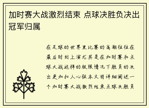 加时赛大战激烈结束 点球决胜负决出冠军归属